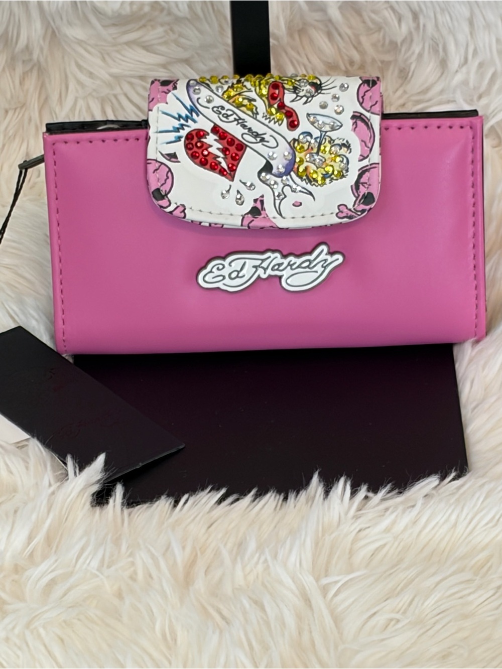 Ed Hardy Pink & White Women's Wallet with Jeweled Graphic Flap